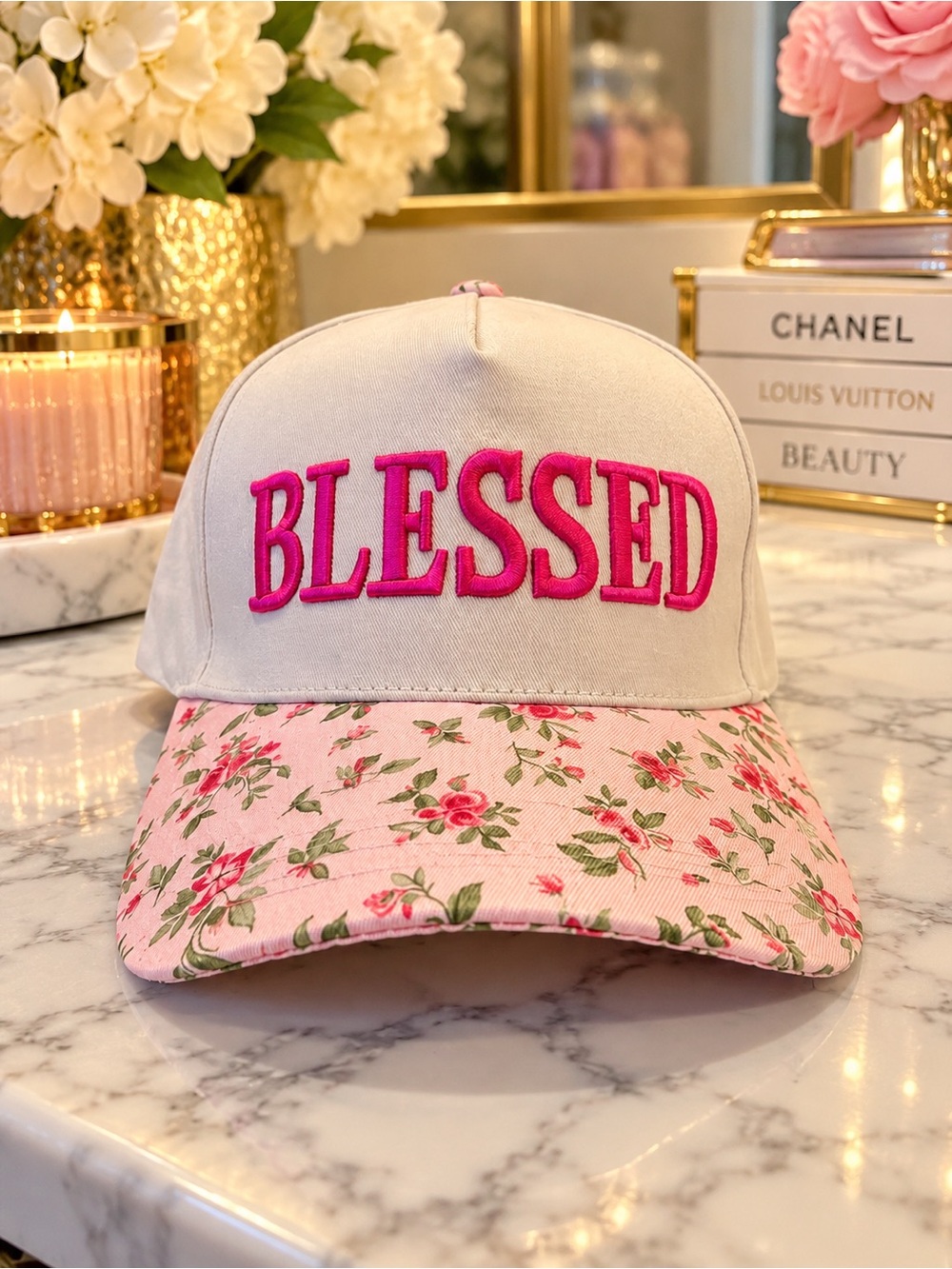 🌸 BLESSED Floral Embroidered Baseball Cap Pink Cream NWT